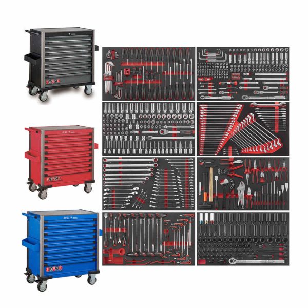 Gereedschapskar Force 8 laden 610 Delig 8 Lades Gevuld met Vele Gereedschapwagen Blauw Rood En Grijze Kleur Verkrijgbaar Rustbuster 180.10318-610
